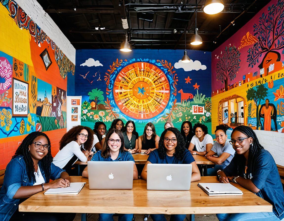 A dynamic scene depicting a diverse group of bloggers collaborating in a lively community space, with laptops and notebooks open, discussing ideas passionately. Incorporate elements that represent the Alief community, such as cultural symbols and local scenery in the background. Include vibrant colors to reflect creativity and inspiration. Focus on expressions of enthusiasm and connection among the individuals. super-realistic. vibrant colors. community vibe.