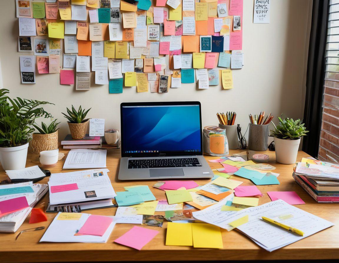 A creative workspace with a confident content creator at a desk surrounded by notes, a laptop, and colorful post-it notes. Elements symbolizing passion such as books, art supplies, and a cup of coffee, and a vision board in the background with inspirational quotes. A warm, inviting atmosphere that encourages creativity and productivity. soft-focus. vibrant colors. cozy interior.