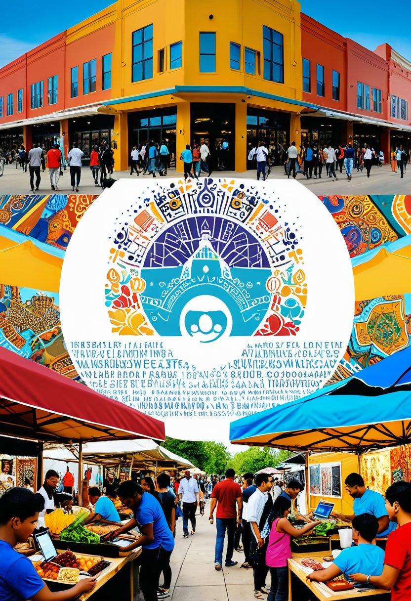 A vibrant collage showcasing the diverse culture of Alief, featuring community members engaging in local markets, cultural festivals, and mural art. Incorporate elements of technology, like laptops and smartphones, to represent personal blogging intertwined with community sharing. Use bright colors to capture liveliness and warmth, emphasizing connection and collaboration among the residents. super-realistic. vibrant colors. dynamic composition.